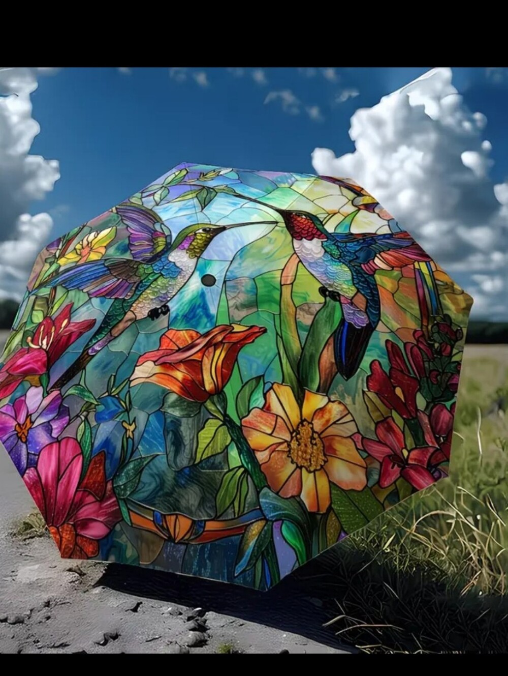 🆕️☔️ HUMMINGBIRDS & FLORAL STAINED-GLASS MOTIF COMPACT UMBRELLA☔️